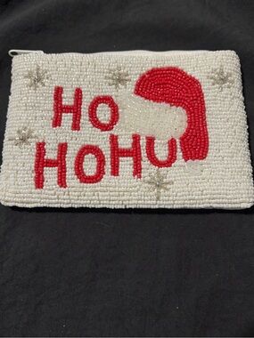 Hand-Beaded 'Ho Ho Ho’ Holiday Pouch in White and Red